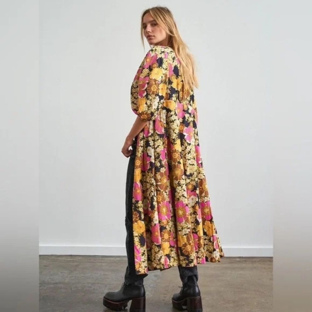 Free People Lydia Cotton midi dress Pink Black floral print Size small S - Picture 2 of 6